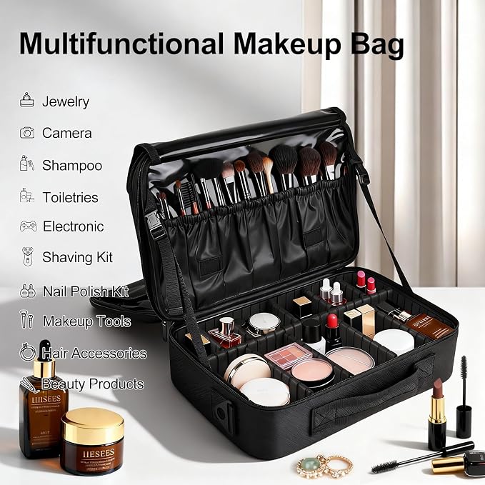 Greenfeather Travel Makeup Bag, Professional Cosmetic Train Case Organizer, Portable Travel Cosmetic Brush Bag Holder Makeup Artist Storage Box with Adjustable Dividers and Shoulder Strap, Black - Image 6