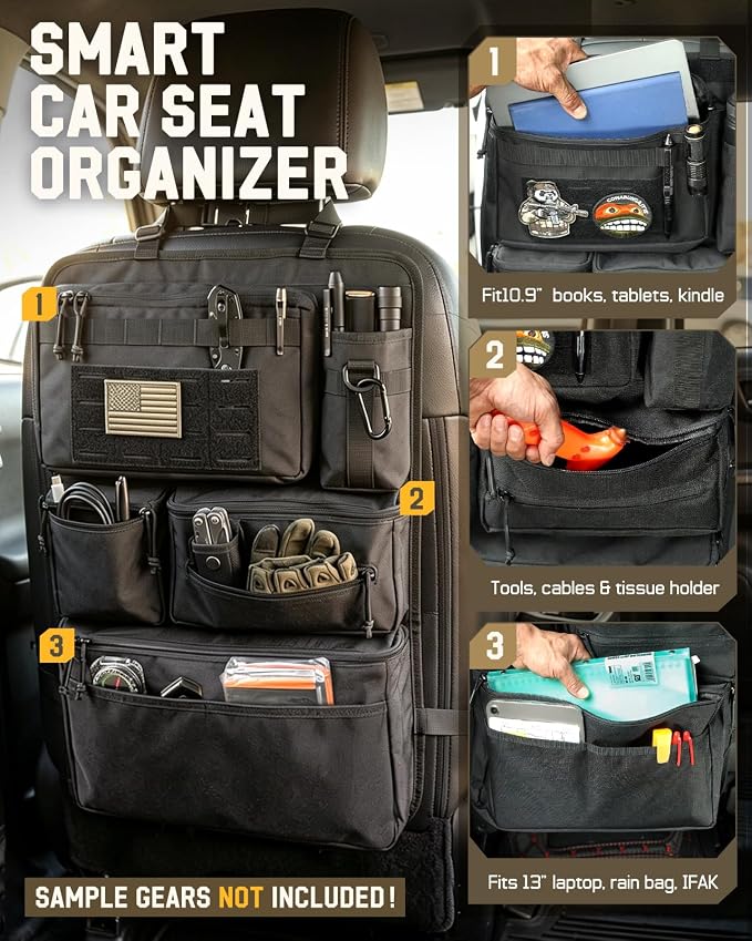 All in One Car Seat Back Organizer Fit Most Cars SUV Trucks Jeeps | Heavy Duty Molle Panel Seat Back Protector with Multi-Pockets Storage, for Tools, Toys, Camping, Travel, Daily Commuting - Image 3