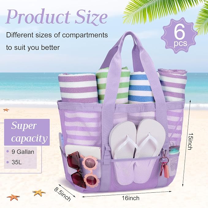Hillban Large Beach Mesh Bags Bulk for Women Beach Tote Bag with 8 Pocket Zipper Waterproof Sandproof for Pool Cruise Ship - Image 4