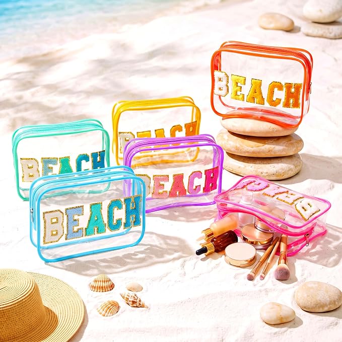 Kacctyen 12 Pack Clear Beach Makeup Bag with Chenille Letter Patch Travel Toiletry Bags Waterproof PVC Cosmetic Organizer for Women Girls Pool Beach Vacation Summer Essential Gifts, 6 Colors - Image 4