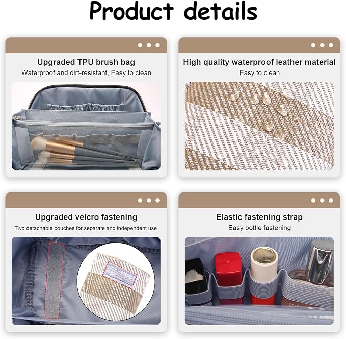 BOYATU Travel Makeup Bag Organizer Cosmetic Bag: 3 Pcs Set Make up Bags for Women with Handle - Waterproof Vegan Leather Toiletry Bags Travel Essentials Pouch with Compartments (F-04-Brown) - Image 4
