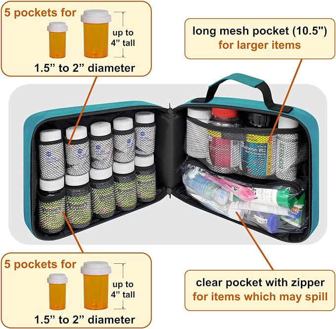 Large Pill Bottle Organizer & Medicine Bag for Travel, Turquoise | Prescription bottle organizer with 10 bottle pockets and padded storage for medication bottles, supplements, vitamins - Image 2