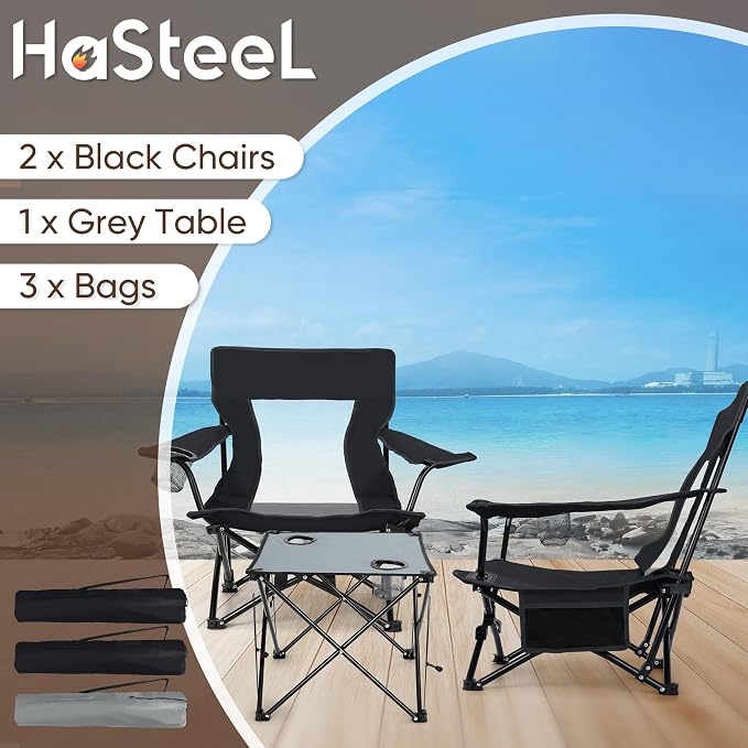 HaSteeL Folding Beach Chair Set of 3, Foldable Black Camping Chairs & Grey Table for Outside, Low Beach Chair Portable for Adults Fishing, Picnic, Outdoor BBQ, Cup Holder & Storage Bag - Image 3
