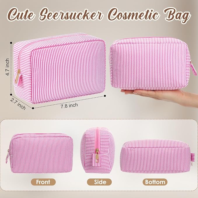 Sanwuta 10 Pcs Seersucker Cosmetic Bag Seersucker Makeup Bag Women Stripe Large Travel Toiletry Organizer Preppy Storage Pouch for Embroidery Wedding Bridesmaid Bride Mom (Multicolor) - Image 2