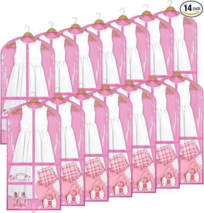 Geelin 14 Pcs Garment Bags for Dance Costumes PVC Clear with Zippers 20 x 40 Inch Garment Bag with Pockets Dance Costume Organizer Carrier for Storage Cover for Adult (Transparent Pink) by Geelin