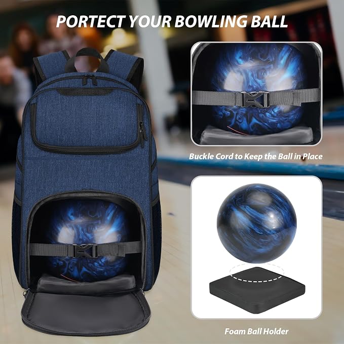 Bosynoy Bowling Backpack, Single Bowling Ball Bag with Shoe Compartment | Bowling Bag Totes with Foam Padded Protection, Fits Shoes Up to US Mens Size 16 and Accessories, Grey - Image 3