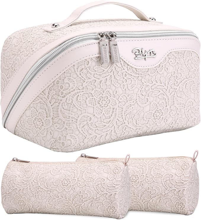BOYATU Travel Makeup Bags Cosmetic Organizer Bag: 3 Pcs Set Large Capacity Make up Bag with Compartments - Waterproof Leather Toiletry Bags with Handle for Women (A-White) by BOYATU
