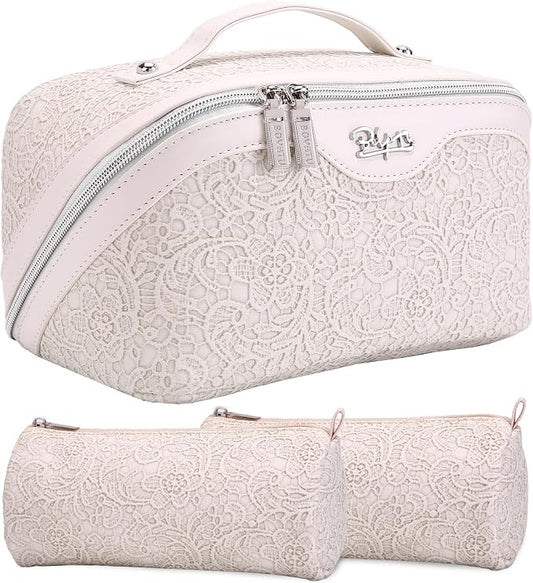 BOYATU Travel Makeup Bags Cosmetic Organizer Bag: 3 Pcs Set Large Capacity Make up Bag with Compartments - Waterproof Leather Toiletry Bags with Handle for Women (A-White) by BOYATU
