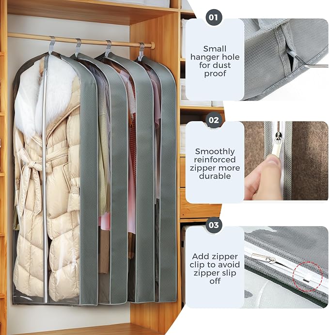 6 Pcs 60" Garment Bags for Hanging Clothes, Clear Suit Bags for Closet Storage Clothing Storage, Garment Bags Shoulder Covers with 4" Gussets for Coats, Jackets, Shirts and Sweater - Image 5
