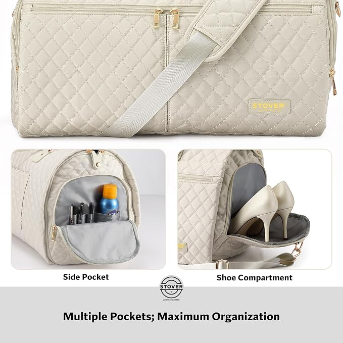 STOVER Women’s Convertible Garment Duffel Bag for Travel – 2-in-1 Carry-On Weekender/Overnight Tote - Wrinkle-Free Dresses, Suits & Clothes + Shoe Compartment & Bonus Toiletry Bag (Cashmere Cream) - Image 5