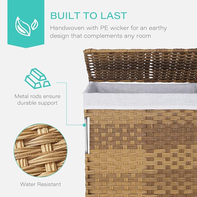 Paylesshere Laundry Basket Handwoven Laundry Hamper 90L/110L Foldable Rattan Hamper With Lid, 2 Removable Liner Bags & 6 Bags,Clothes Bathroom Basket,Natural - Image 3
