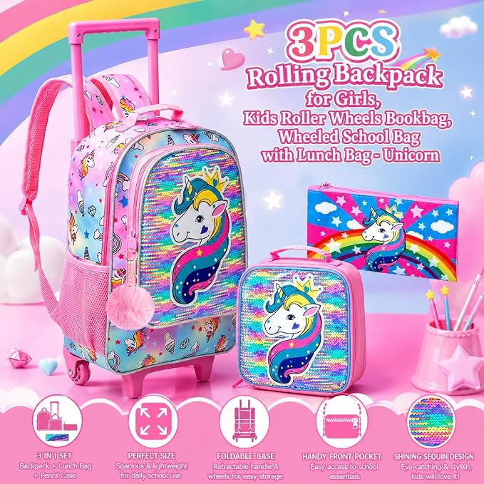 AGSDON 3PCS Rolling Backpack for Girls Boys, Kids Roller Wheels Bookbag, Wheeled School Bag with Lunch Bag - Image 7