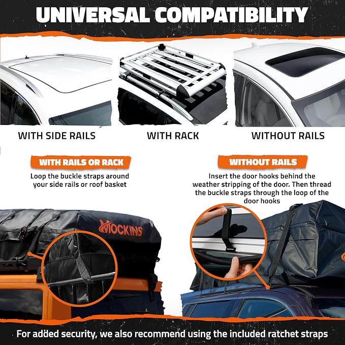 Mockins 25 CuFt Waterproof Rooftop Cargo Carrier Bag | 60"x43"x17" All-Weather 500D Soft-Shell Vinyl Car Top Carrier Without Roof Rack | Vehicle Soft-Shell Carriers with Roof Mat, Lock, Hooks & Straps - Image 2