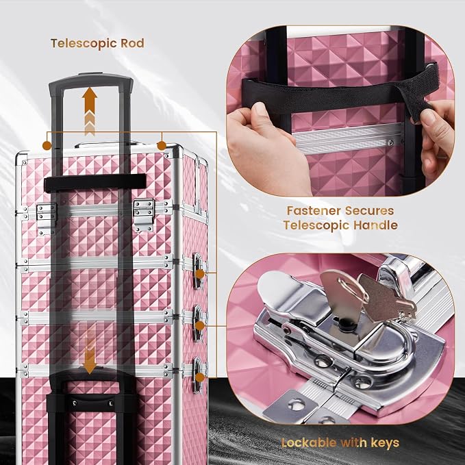 Stagiant Rolling Makeup Train Case Cosmetology Case on Wheels 4 in 1 Large Cosmetic Organizer Box Makeup Travel Case with Key Swivel Wheels Nail Artist Salon Storage Traveling Cart Big Trunk Pink - Image 8