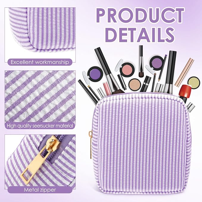 Sanwuta 6 Seersucker Cosmetic Bag Bulk Striped Makeup Bag for Women Aesthetic Cute Travel Toiletry Organizer Preppy Storage Pouch for Wedding Bridesmaid Mother's Day Teacher Gift (Small,Purple) - Image 3