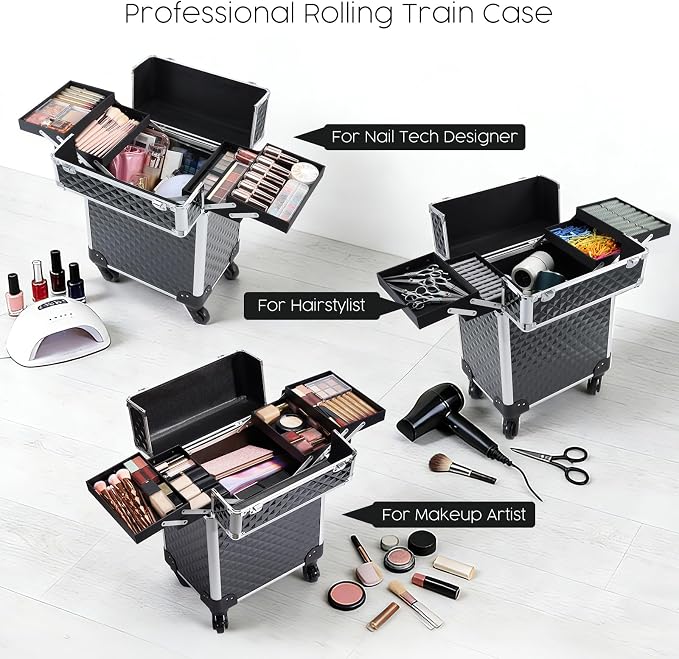 Rolling Makeup Train Case Large Cosmetic Trolley Organized Aluminum Barber Case for Hairstylist Makeup Nail Tech Salon with Keys Swivel Wheels Traveling Cart Trunk - Black - Image 5