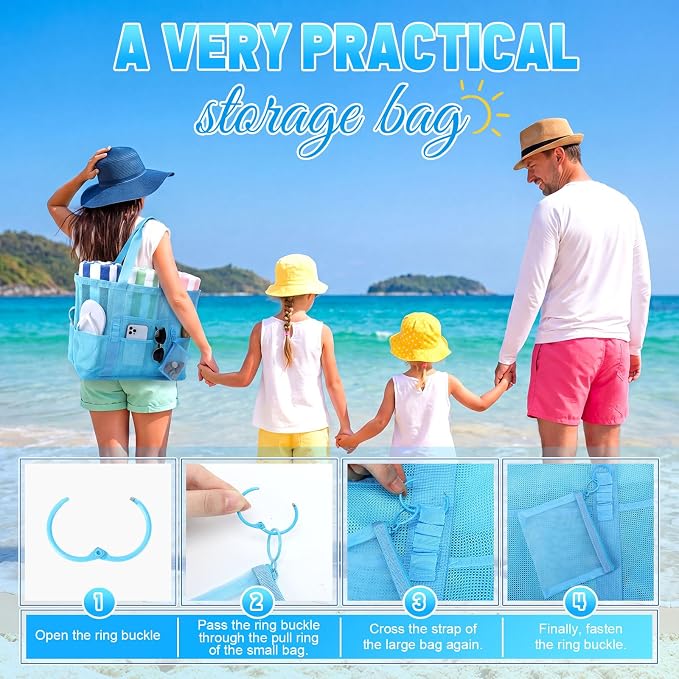 Hillban Large Mesh Beach Bag Bulk for Women Waterproof Sandproof Pool Tote Bag with 8 Pocket Small Zipper Pouch with Ring - Image 6