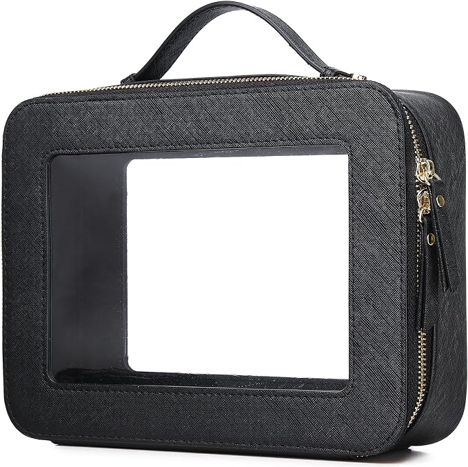 Pinkmik Clear Makeup Bag for Women Waterproof Travel Cosmetics and Toiletries Case Portable Makeup Oaganizer Bag Clear Car Bag with Zipper (Black, L) by Pinkmik