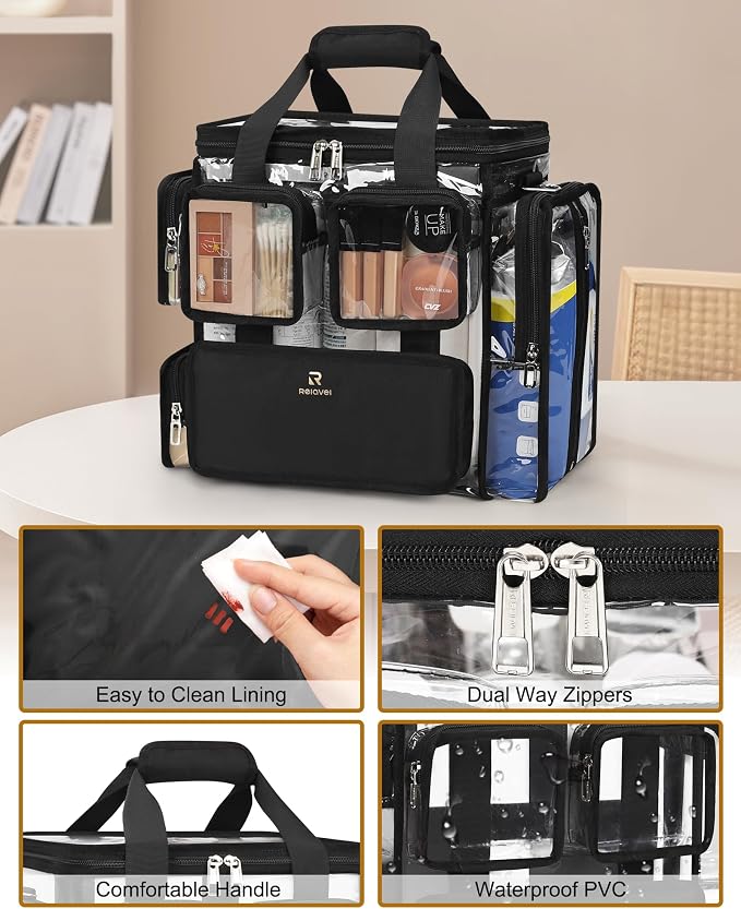 Relavel Large Clear Makeup Bag, Professional Cosmetic Organizer for Traveling,Makeup Artist Kit Set Bag Hairstylist Bag with Removable Dividers, Transparent PVC Work Tote Bag Duffle Bag for Women - Image 7