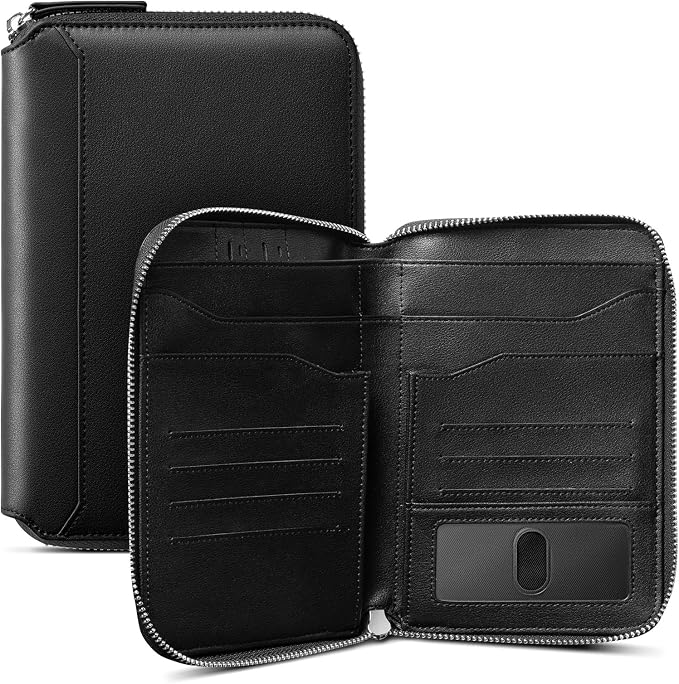 VULKIT Leather Passport Holder for 4-8 Passports Family RFID Blocking Passport Wallet with Zipper Travel Documents Organizer for Men or Women (Black) by VULKIT