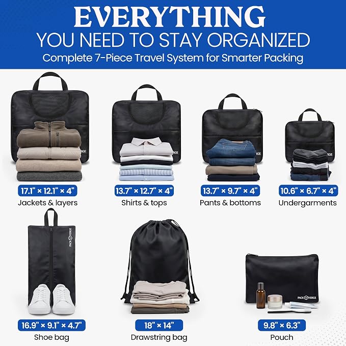 Compression Packing Cubes for Travel - 7 Piece Set - Space Saving Luggage Organizer Bags for Suitcase & Carry On - Water Resistant Travel Accessories - Black - Image 3