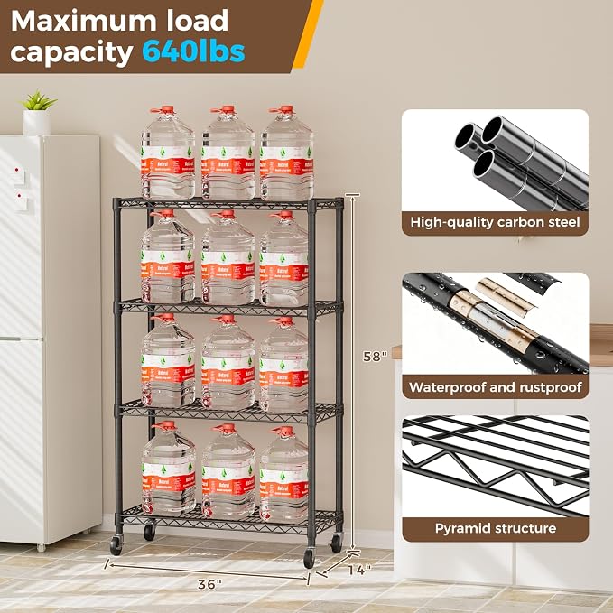 Golpart 4 Tier Shelves Storage Shelf Wire Closet Bathroom Organizers Metal Pantry Kitchen Garage Shelving Unit Laundry Room Organization Home Rack Net Basket Black with Wheels 14”D X 36”W X 58”H - Image 3