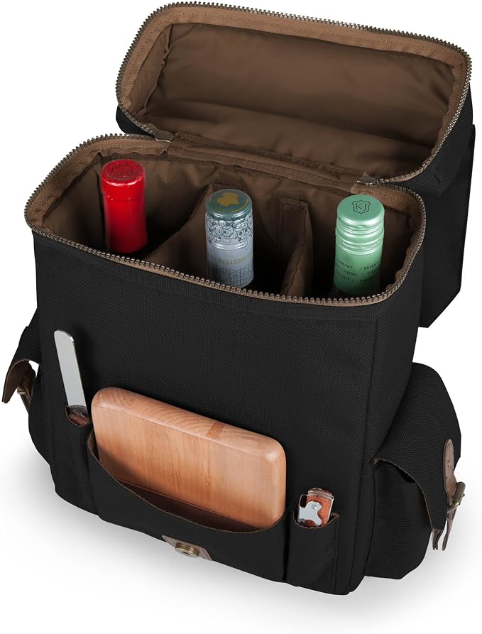Picnic TIME Moreno 3-Bottle Wine & Cheese Tote, Luxury 3 Bottle Insulated Wine Bag Set with Cheese Board, Knife, & Corkscrew, Adjustable PaddedStrap, and Pockets, Romantic Kit for Couples, (Black) - Image 4