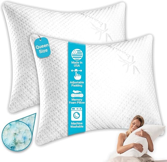 Xtreme Comforts Set of 2 Pillows for Sleeping Sleep Adjustable Shredded Memory Foam Pillows with Removable Cover | Support for Side, Back & Stomach Sleepers - Queen Size