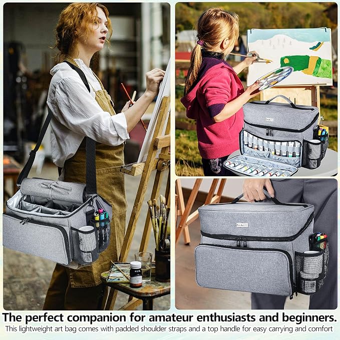 Acrylic Paint and Brush Set Organizer Bag - Carrying Case Compatible with Apple Barrel, Shuttle Art, Caliart Art Supplies - Includes Detachable Paint Brush Holder - for Travel/Outdoor Sketching (Gray) - Image 7