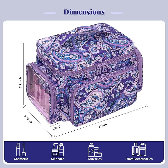 Bagmoly Large Makeup Bag, Portable Travel Makeup Bag Organizer for Women Girls with Makeup Brush Compartment & Two Side Pockets, Cosmetic Travel Bag Vertical Storage Toiletry - Purple - Image 6