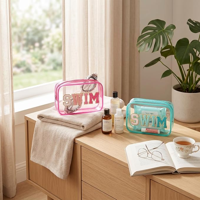 Kacctyen 20 Pcs Clear Swim Bags Chenille Letter Patch Makeup Pouch Beach Pool Toiletry Bags Waterproof PVC Preppy Cosmetic Purse Organizer with Zipper for Travel Women Girl Swimmer Essential Team Gift - Image 2