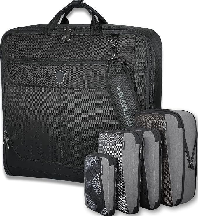 WELKINLAND 3-Suits Garment Bags for Travel W/ 4-Pack Compression Packing Cubes, 30L-Large Carry On Garment Bag for Travel, 15-Pockets Suit Holder Travel Bag, Wrinkle-Free Suit Garment Bag for Men by WELKINLAND