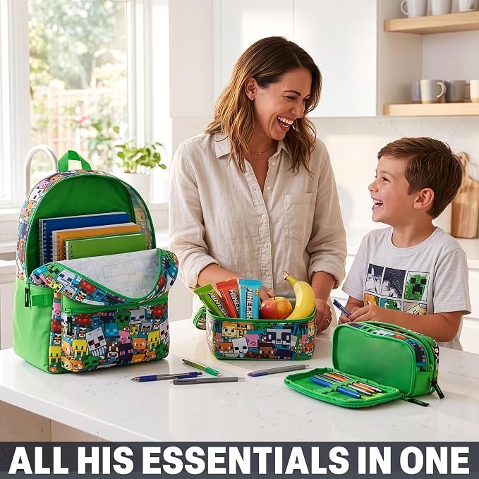 Get Trend Minecraft Kids Backpack Set for Boys with Insulated Lunch Bag & Pencil Case, 3 Pc Book Bag with Padded Straps for School, Travel, Creeper Gamer Gifts for Boys (Green/Multi Minecraft) - Image 6