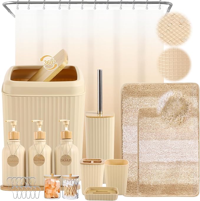 32PCS Bathroom Sets with Shower Curtain and Rugs Beige Bathroom Accessories Set Shower Curtain Set 3PCS Lotion Soap Dispenser Bathroom Accessories with Black Bathroom Decor by BetterbathroomwithXLHOME