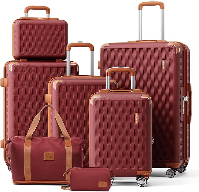 Melalenia Luggage Sets 7 Piece Hard Shell Carry on Suitcase with Spinner Wheels and TSA Lock, Lightweight Travel Duffel Bag for Women, Men, Red Brown by Melalenia
