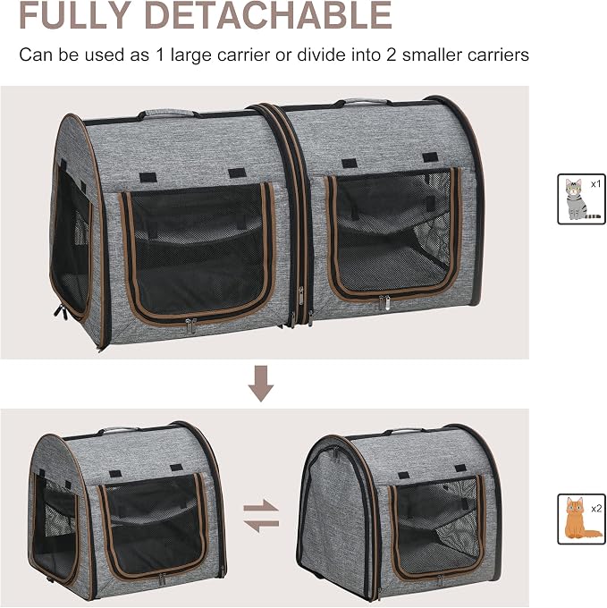 PawHut 39" Portable Soft-Sided Cat Carrier, Cat Kennel, Travel Dog Crate with Divider, Two Compartments, Soft Cushions & Storage Bag, Easy to Fold, Light Gray | Cat Kennel, Travel Dog Crate with Divider, Soft Cushions & Storage Bag, Easy to Fold - Image 5