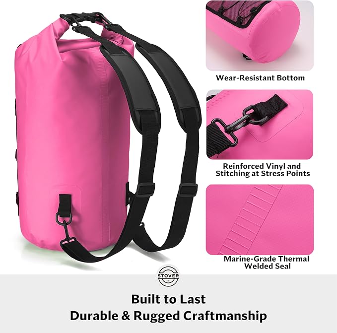 STOVER 5/10/25/30/40L Waterproof Dry Backpack & Phone Case- Large Floating Dry Bag for Kayaking, Travel, Hiking, Fishing, Camping, Motorcycles & Beach, Heavy-Duty Roll Top Men/Women (Pink) - Image 4