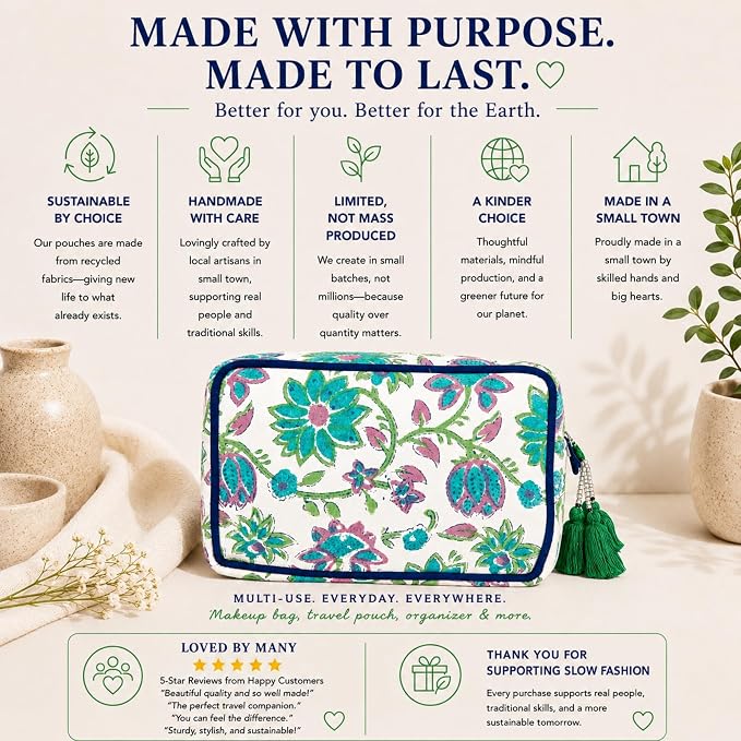 Travel Makeup Bag- Large Capacity Cosmetic Bags for Women - Water Resistance Lining Portable Pouch & Open Toiletry Bag - Perfect Girls Makeup Organizer for Travel Essentials (White & Green Floral) - Image 5