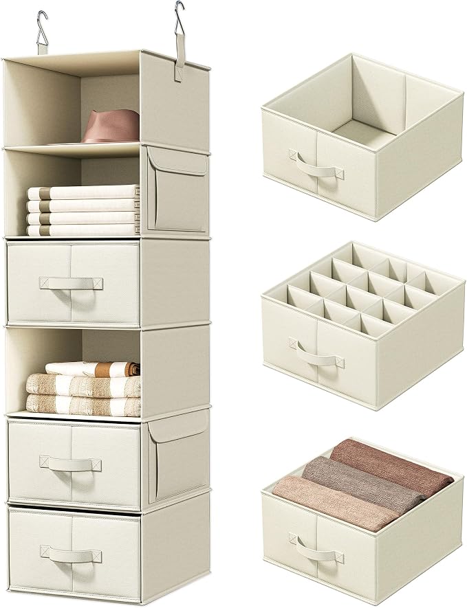 Vailando 6-Shelf Hanging Closet Organizer with 3 Drawers, 6-Shelf Inseparable Closet Organizers and Storage for Wardrobe Organization, Hanging Dresser for Nursury & Dorm Clothes Organizer, Beige by Vailando