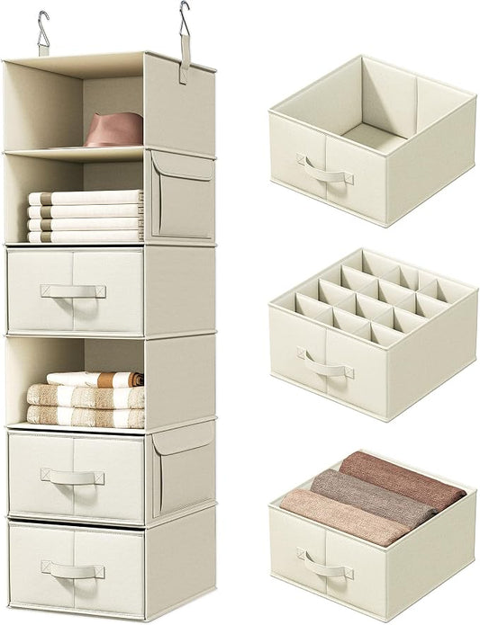 Vailando 6-Shelf Hanging Closet Organizer with 3 Drawers, 6-Shelf Inseparable Closet Organizers and Storage for Wardrobe Organization, Hanging Dresser for Nursury & Dorm Clothes Organizer, Beige by Vailando