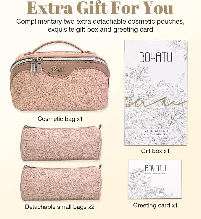 BOYATU Travel Makeup Bags Cosmetic Organizer Bag: 3-Set Large Capacity Make up Bag - PU Leather Toiletry Bags for Women - Wide Open Portable Pouch with Divider & Handle (A-Light Pink) - Image 6