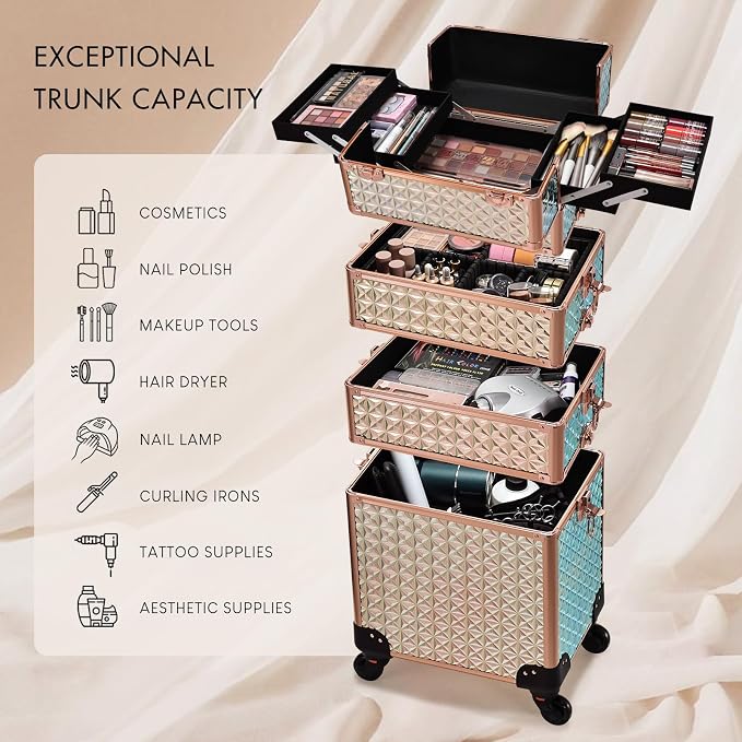 Stagiant Rolling Makeup Case Cosmetology Case on Wheels 4 in 1 Large Cosmetic Organizer Train Case Makeup Travel Case with Key Swivel Wheels Nail Artist Salon Storage Traveling Cart Trunk Rose Gold - Image 2
