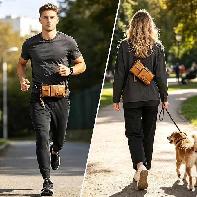Water Resistant Canvas + Leather Hiking Riding Travel Fanny Waist Pack Small Phone Pouch For Men Women FB811-29 (100% Leather-The 8135 Light Brown) - Image 2