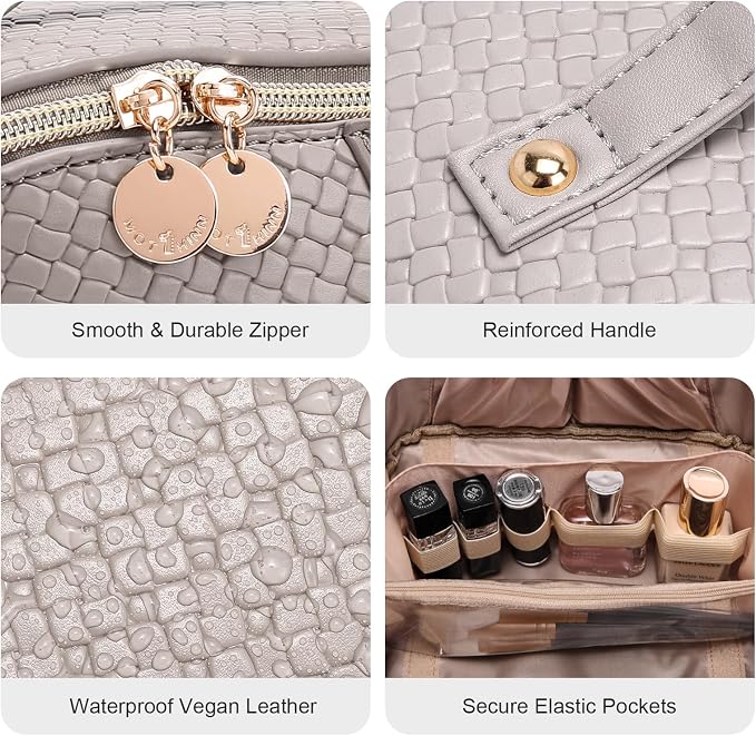 Travel Makeup Bag for Women: Designer 3 Pcs Set Cosmetic Bags for Women - Large Capacity Vagen Leather Hand-made for Toiletry Organizer - Ladies Travel Flat Open Essentials for Luxury (05White) - Image 4