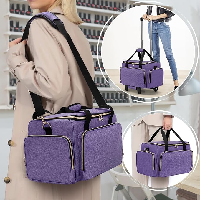LUXJA Rolling Makeup Case with 3 Removable Makeup Bags and 1 Brush Holder | Large Cosmetic Bag with Detachable Shoulder Strap and Dolly, Professional Train Case with Multiple Storage Pockets, Purple - Image 6