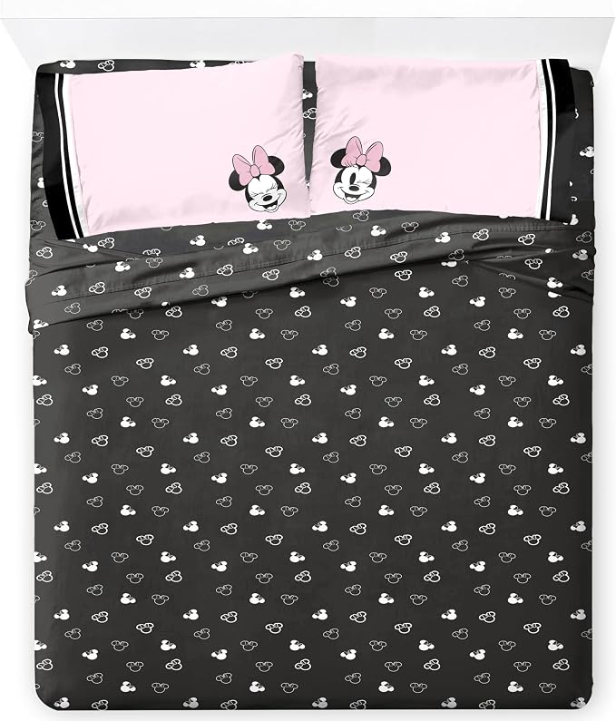 Jay Franco Kids Sheet Set with Fitted, Flat Sheets & Pillow Cover - Ultra-Soft Bedding with Pillowcase for Room Decor, Black - Minnie Mouse, 4 Piece King by JayFranco