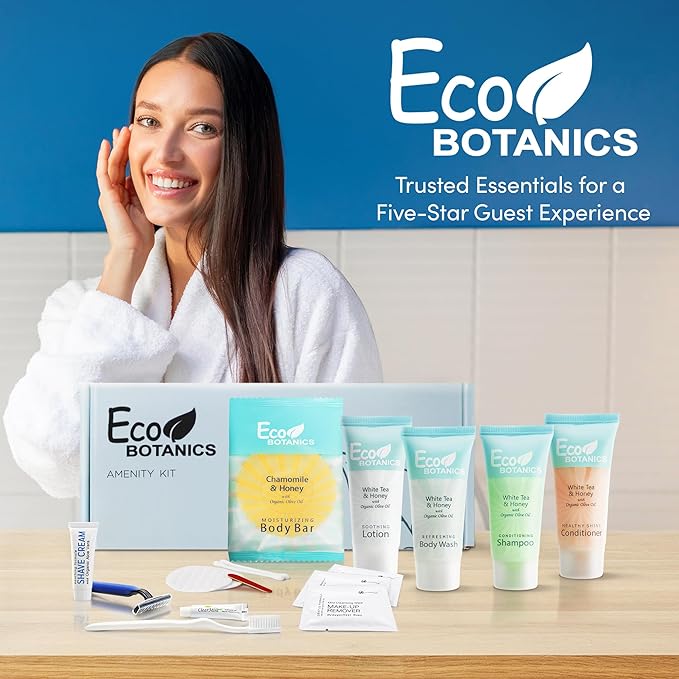 Eco Botanics Amenity & Accessory Kit | 0.85 oz Travel Size Shampoo, Conditioner, Lotion, Body Wash, Body Bar, Cleansing Bar, Shave & Dental Sets, Make-Up Remover Wipes, & Vanity Kit | 1 set per case