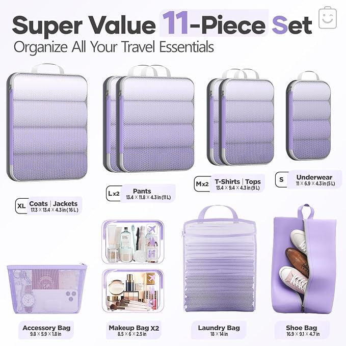 Veken 11 Set Compression Packing Cubes for Travel Essentials,Compressible Expandable Luggage Suitcase Organizer Bags with Garment Bag,Space Saver Bags with Over 1000 pcs of Mesh Holes(Light Purple) - Image 2