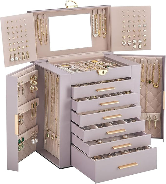 Lolalet Large Jewelry Box Organizer for Women, 7-Layer Jewelry Organizers and Storage Case with Mirror & 6 Drawers, Lockable Watch Ring Earring Bracelet Necklace Holder Girls Gift -7Layer, HazePurple by Lolalet