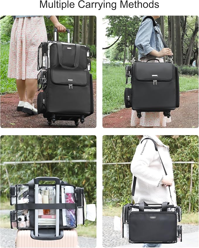 Relavel Rolling Makeup Train Case with Large Clear Makeup Bag, Hairstylist Traveling Bag with 4 Wheels, Cosmetic Storage Organizer Hair Stylist Travelling Bag with Adjustable Dividers & Shoulder Strap - Image 7